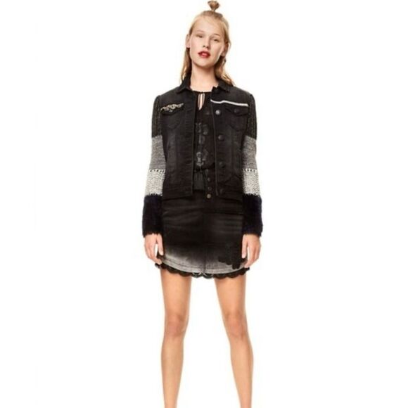 Desigual Exotic Black Denim Knit Sleeve Fur Cuff Embellished Jacket - Picture 6 of 9